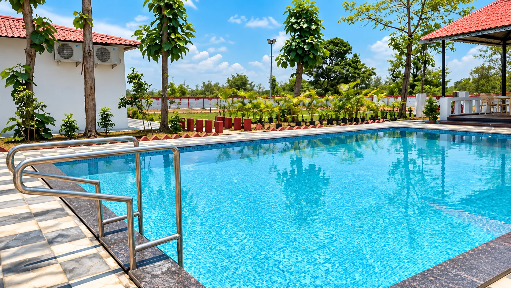 Swimming pool and shaded seating area